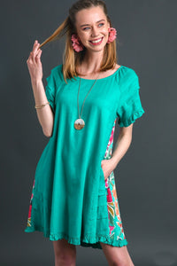 Umgee Pin-Tucked Dress with Floral Print Back in Jade Dress Umgee   