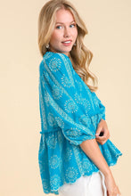 Load image into Gallery viewer, Umgee Split Neck Scalloped Lace Babydoll Top in Aqua Shirts &amp; Tops Umgee   

