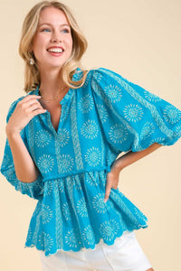 Umgee Split Neck Scalloped Lace Babydoll Top in Aqua Shirts & Tops Umgee   