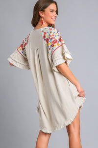 Umgee Embroidery High Low Hem Dress in Oatmeal Dress Umgee   