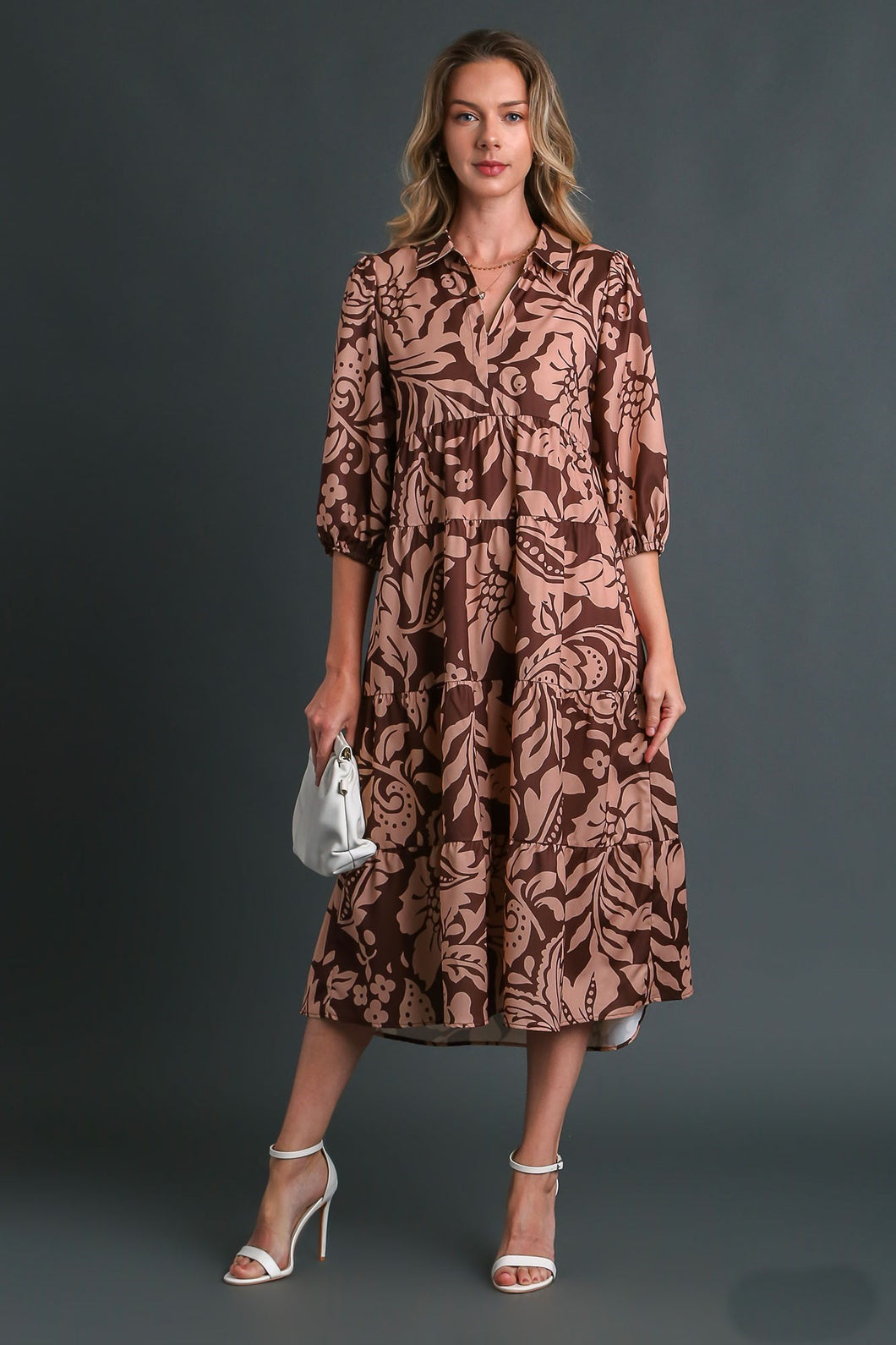 Umgee Two Toned Floral Print Tiered Midi Dress in Brown Dress Umgee   