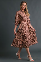 Load image into Gallery viewer, Umgee Two Toned Floral Print Tiered Midi Dress in Brown Dress Umgee   
