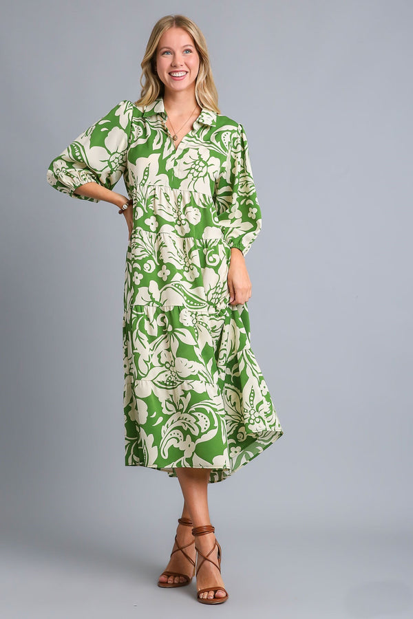 Umgee Leaf Print Tiered Midi Dress with Pockets main image 1