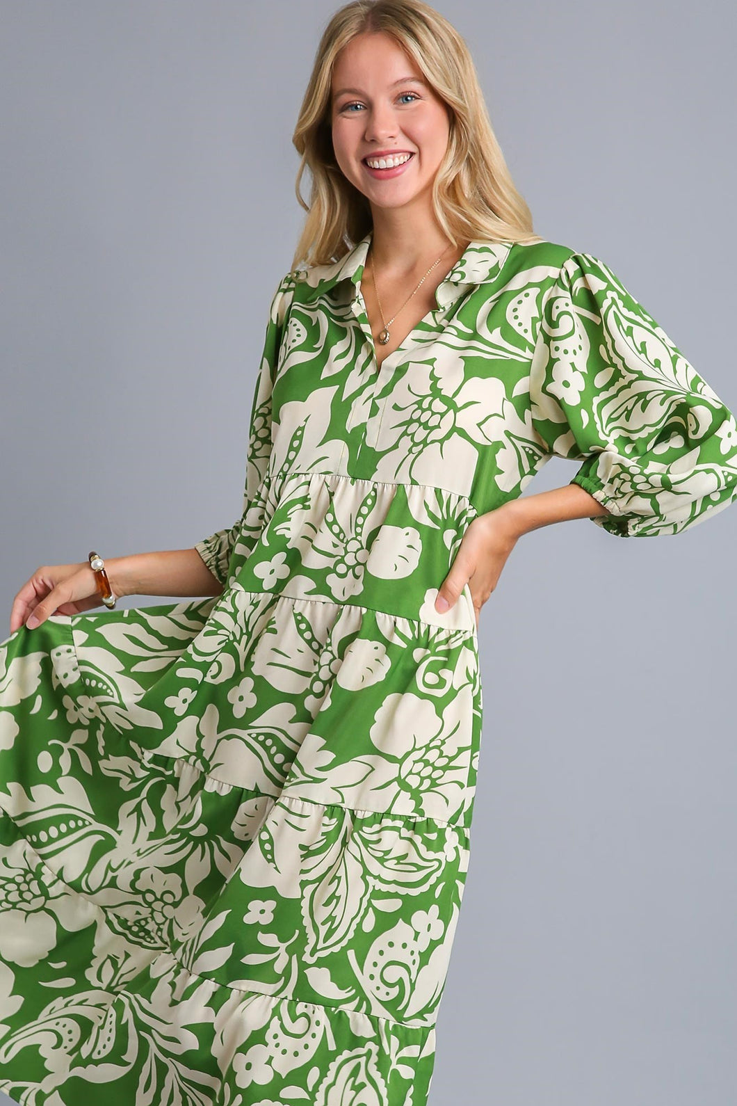 Umgee Two Toned Floral Print Tiered Midi Dress in Green ON ORDER Dress Umgee   
