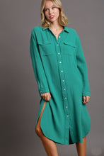 Load image into Gallery viewer, Umgee Cotton Gauze Button Down Shirt Dress in Jade Dresses Umgee   

