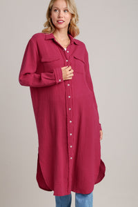 Umgee Cotton Gauze Button Down Shirt Dress in Ruby Dresses Umgee   
