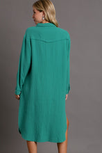 Load image into Gallery viewer, Umgee Cotton Gauze Button Down Shirt Dress in Jade Dresses Umgee   

