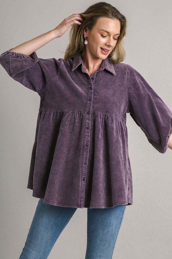 Umgee Mineral Washed Corduroy Tunic Top in Eggplant Shirts & Tops Umgee   