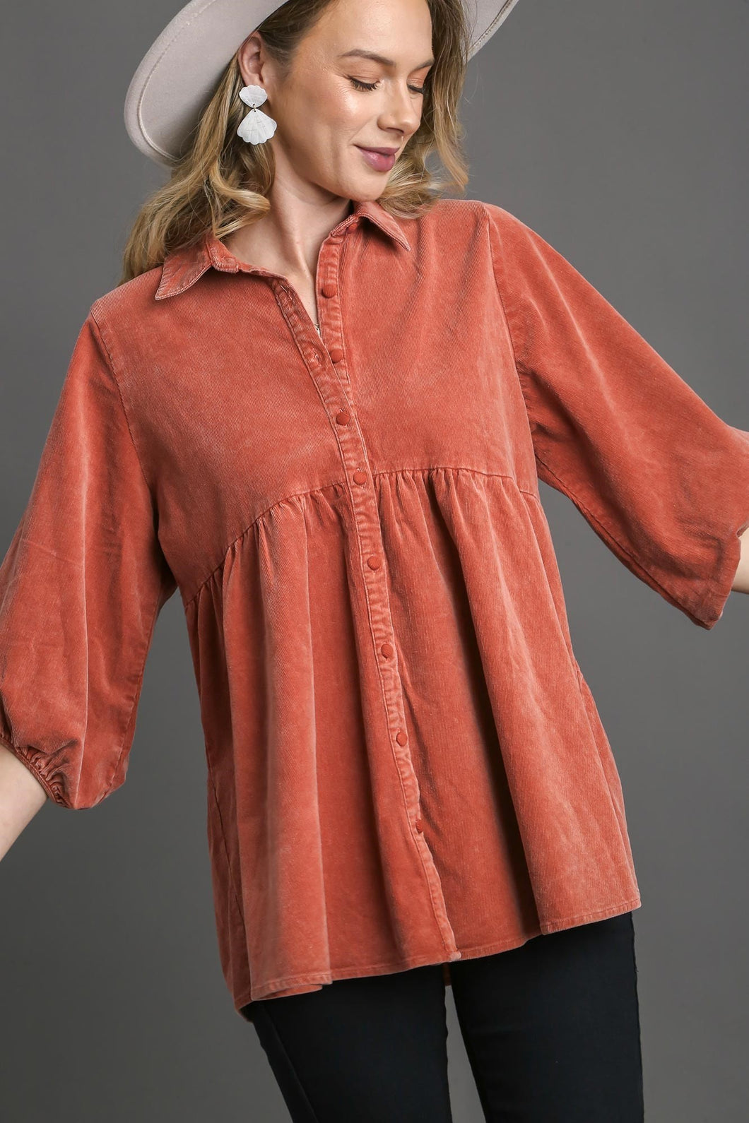 Umgee Mineral Washed Corduroy Tunic Top in Brick Shirts & Tops Umgee   