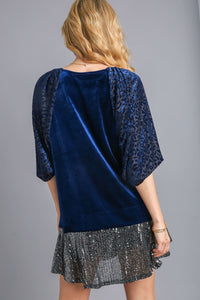 Umgee Solid Velvet Top with Animal Print Burnout Sleeves in Navy Shirts & Tops Umgee   