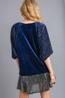 Umgee Solid Velvet Top with Animal Print Burnout Sleeves in Navy