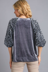Umgee Solid Velvet Top with Animal Print Burnout Sleeves in Gunmetal Shirts & Tops Umgee   