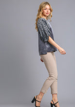 Load image into Gallery viewer, Umgee Solid Velvet Top with Animal Print Burnout Sleeves in Gunmetal Shirts &amp; Tops Umgee   
