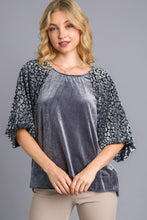 Load image into Gallery viewer, Umgee Solid Velvet Top with Animal Print Burnout Sleeves in Gunmetal Shirts &amp; Tops Umgee   
