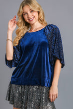 Load image into Gallery viewer, Umgee Solid Velvet Top with Animal Print Burnout Sleeves in Navy
