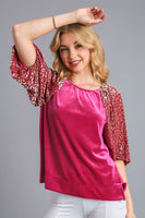 Umgee Solid Velvet Top with Animal Print Burnout Sleeves in Raspberry Shirts & Tops Umgee   