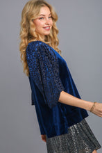 Load image into Gallery viewer, Umgee Solid Velvet Top with Animal Print Burnout Sleeves in Navy Shirts &amp; Tops Umgee   
