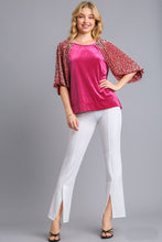 Load image into Gallery viewer, Umgee Solid Velvet Top with Animal Print Burnout Sleeves in Raspberry Shirts &amp; Tops Umgee   
