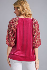 Umgee Solid Velvet Top with Animal Print Burnout Sleeves in Raspberry Shirts & Tops Umgee   