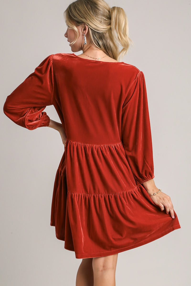 Umgee Velvet Tiered Dress in Burnt Orange June Adel