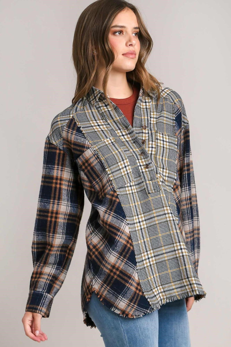 Umgee Mixed Plaid Half Button Down Top in Navy Mix – June Adel