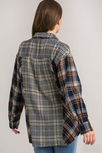 Umgee Mixed Plaid Half Button Down Top in Navy Mix Shirts & Tops Umgee   