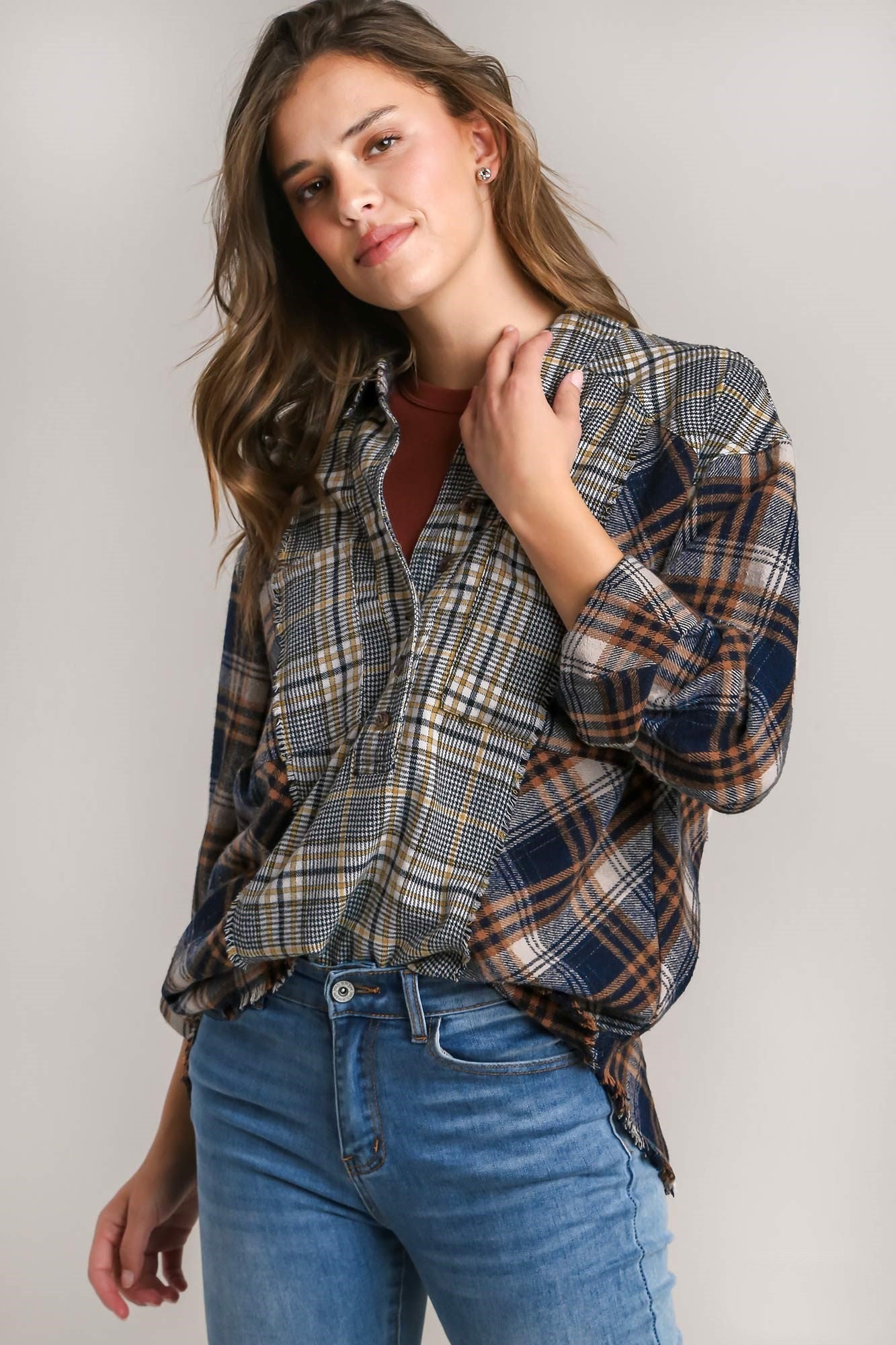 Umgee Mixed Plaid Half Button Down Top in Navy Mix – June Adel