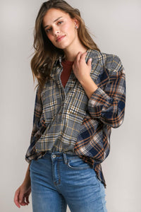 Umgee Mixed Plaid Half Button Down Top in Navy Mix Shirts & Tops Umgee   