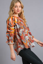Load image into Gallery viewer, Umgee Mixed Print Top with Velvet Tape Details in Brown Mix Shirts &amp; Tops Umgee   
