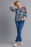 Umgee Mixed Print Top with Velvet Tape Details in Blue Mix Shirts & Tops Umgee   