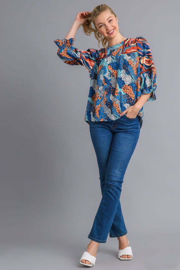 Umgee Mixed Print Top with Velvet Tape Details in Blue Mix Shirts & Tops Umgee   