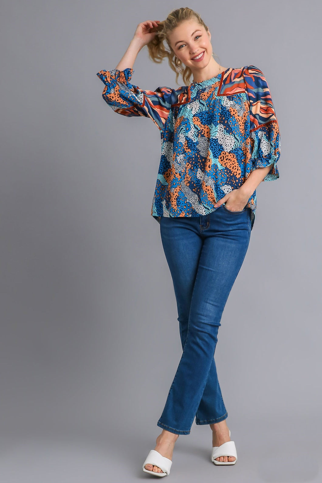 Umgee Mixed Print Top with Velvet Tape Details in Blue Mix Shirts & Tops Umgee   