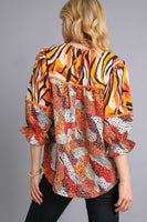 Umgee Mixed Print Top with Velvet Tape Details in Brown Mix Shirts & Tops Umgee   