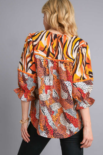 Umgee Mixed Print Top with Velvet Tape Details in Brown Mix Shirts & Tops Umgee   