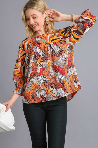 Umgee Mixed Print Top with Velvet Tape Details in Brown Mix Shirts & Tops Umgee   