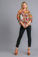 Umgee Mixed Print Top with Velvet Tape Details in Brown Mix Shirts & Tops Umgee   