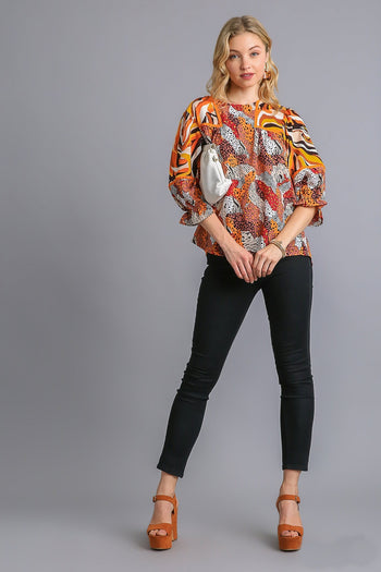 Umgee Mixed Print Top with Velvet Tape Details in Brown Mix Shirts & Tops Umgee   