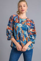 Umgee Mixed Print Top with Velvet Tape Details in Blue Mix Shirts & Tops Umgee   