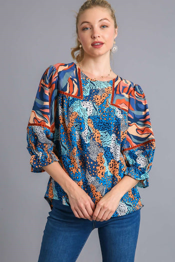 Umgee Mixed Print Top with Velvet Tape Details in Blue Mix Shirts & Tops Umgee   