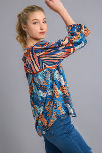 Umgee Mixed Print Top with Velvet Tape Details in Blue Mix Shirts & Tops Umgee   