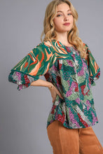 Load image into Gallery viewer, Umgee Mixed Print Top with Velvet Tape Details in Green Mix Shirts &amp; Tops Umgee   

