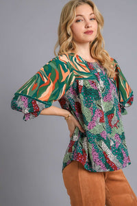 Umgee Mixed Print Top with Velvet Tape Details in Green Mix Shirts & Tops Umgee   