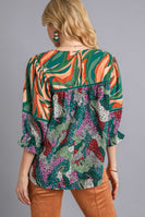 Umgee Mixed Print Top with Velvet Tape Details in Green Mix Shirts & Tops Umgee   