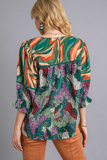 Umgee Mixed Print Top with Velvet Tape Details in Green Mix Shirts & Tops Umgee   