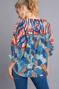 Umgee Mixed Print Top with Velvet Tape Details in Blue Mix Shirts & Tops Umgee   
