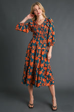 Load image into Gallery viewer, Umgee Floral Print Tiered Midi Dress with Smocked Top in Teal Mix Dresses Umgee   

