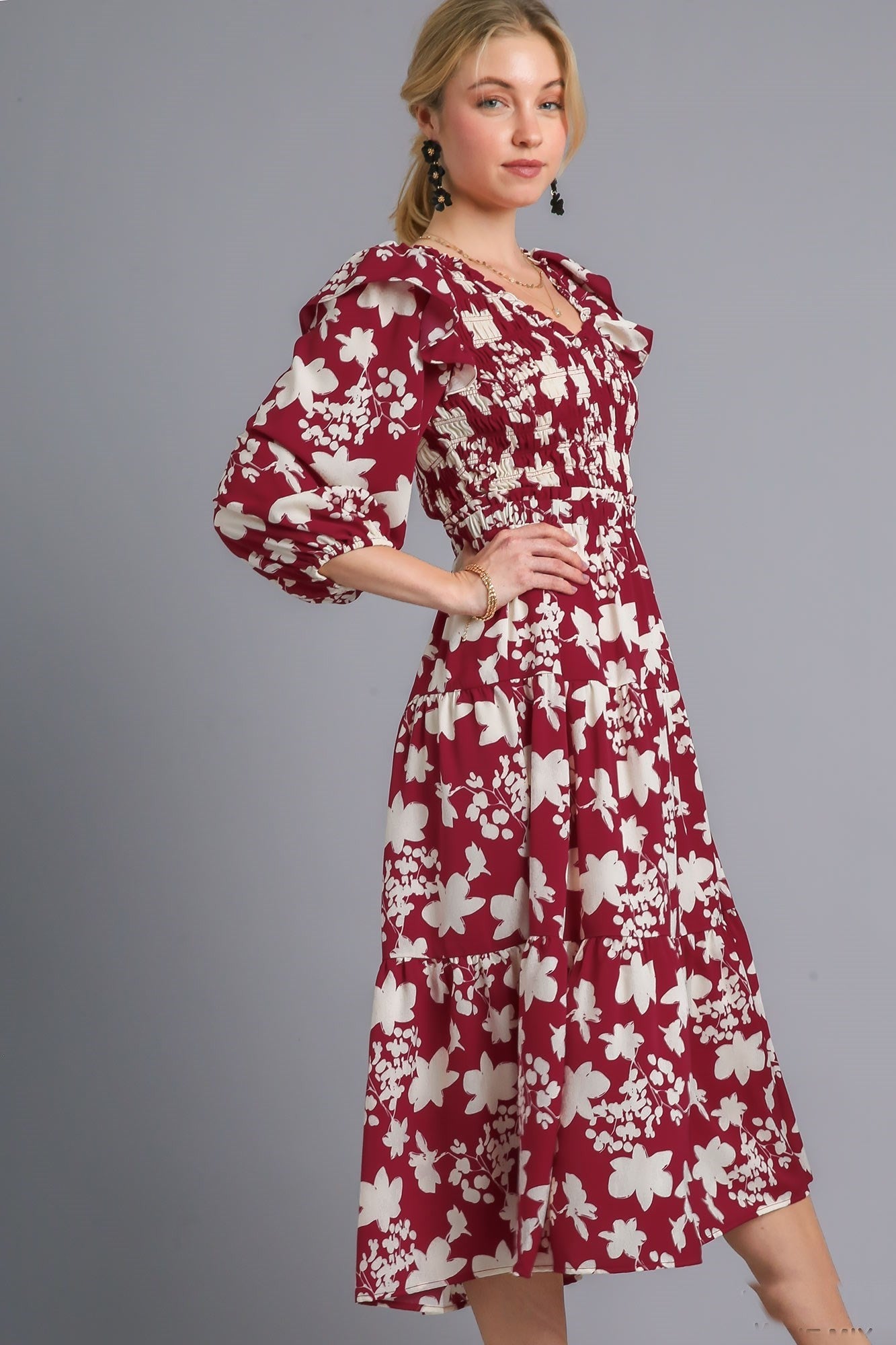 Umgee Floral Print Tiered Midi Dress with Smocked Top in Wine Mix ...