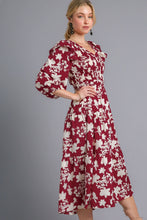 Load image into Gallery viewer, Umgee Floral Print Tiered Midi Dress with Smocked Top in Wine Mix Dresses Umgee   
