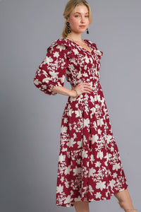 Umgee Floral Print Tiered Midi Dress with Smocked Top in Wine Mix Dresses Umgee   