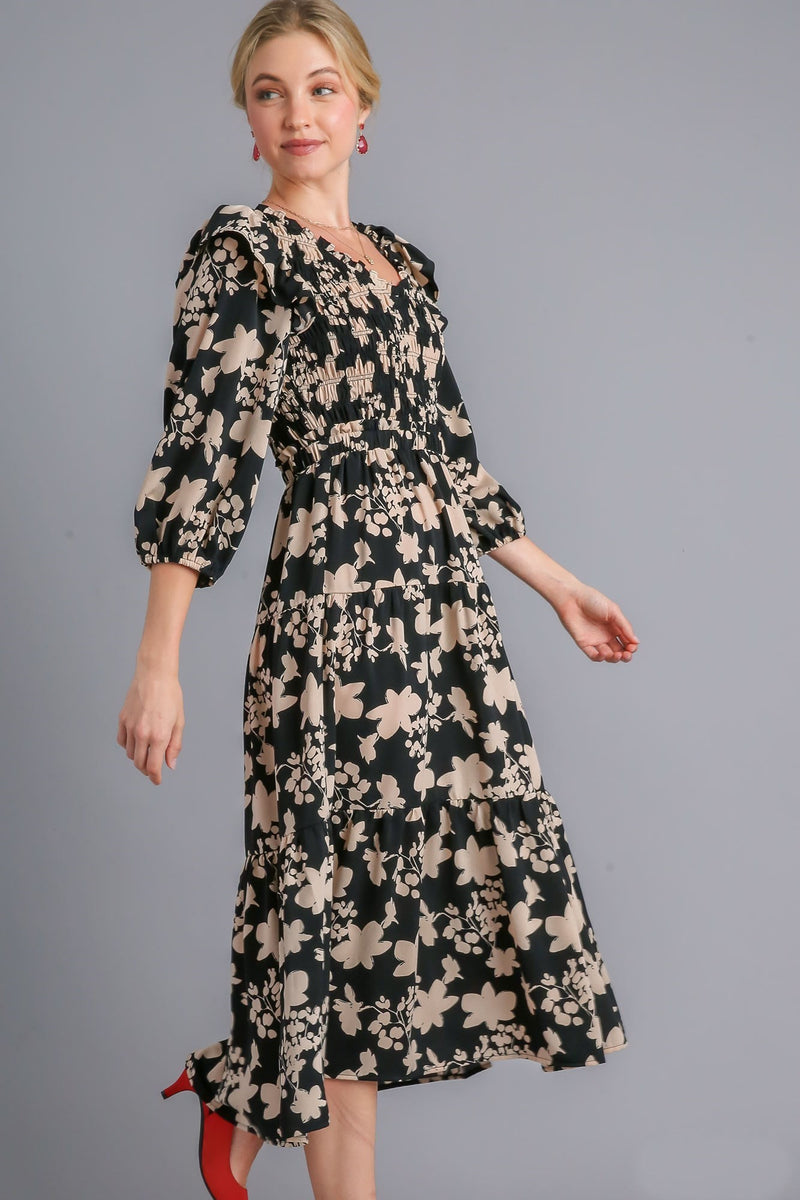 Umgee Floral Print Tiered Midi Dress with Smocked Top in Black Mix ...